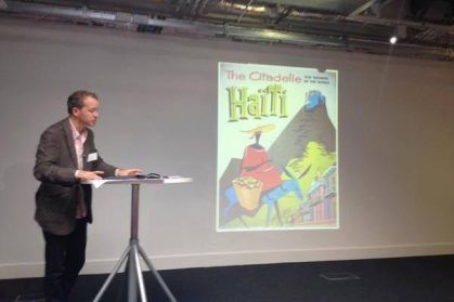 Paul Clammer presenting at a conference on Haitian history at the Institute for Blak Atlantic Research in the UK, July 2015. He gave a paper on how travel guides have historically been used to portray a certain image of Haiti.